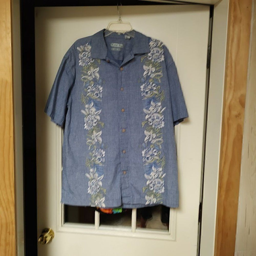 Batck Bay Blue Button Down Reverse Print Hawaiian Aloha Shirt Size Men's XL